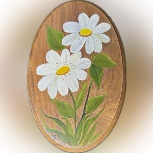 Vintage Hand Painted White Daisies On Wooden Oval Plaque
